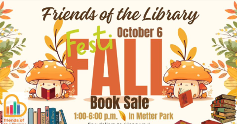 FestiFall Book Sale Advertisment with books, mushrooms and fall floral.