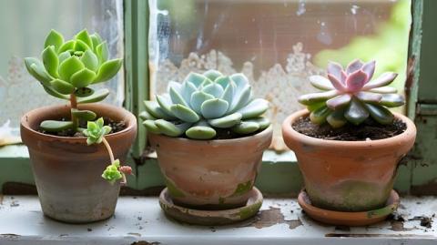 three potted plants infront of a window. 