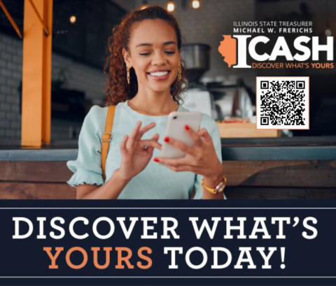 I-Cash Discover with's yours today! Woman on phone.