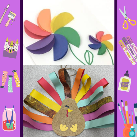 Paper spinwheel flowers and turkey crafts. 