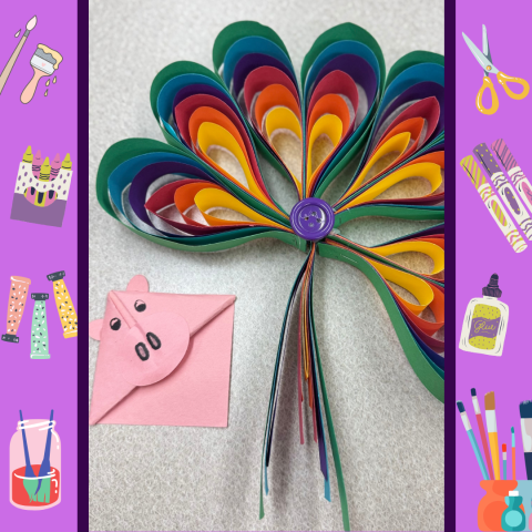 Pig corner bookmark and rainbow paper shamrock crafts. 