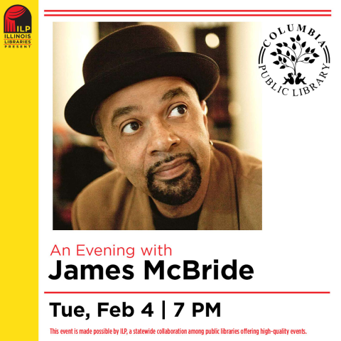 Picture of Author James McBride in Illinois Libraries Present advertisements. 