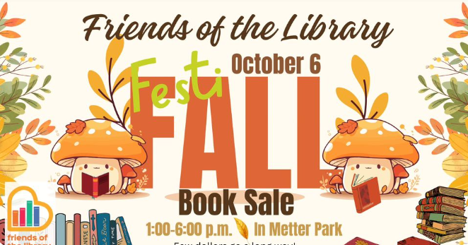 FestiFall Book Sale Advertisment with books, mushrooms and fall floral.