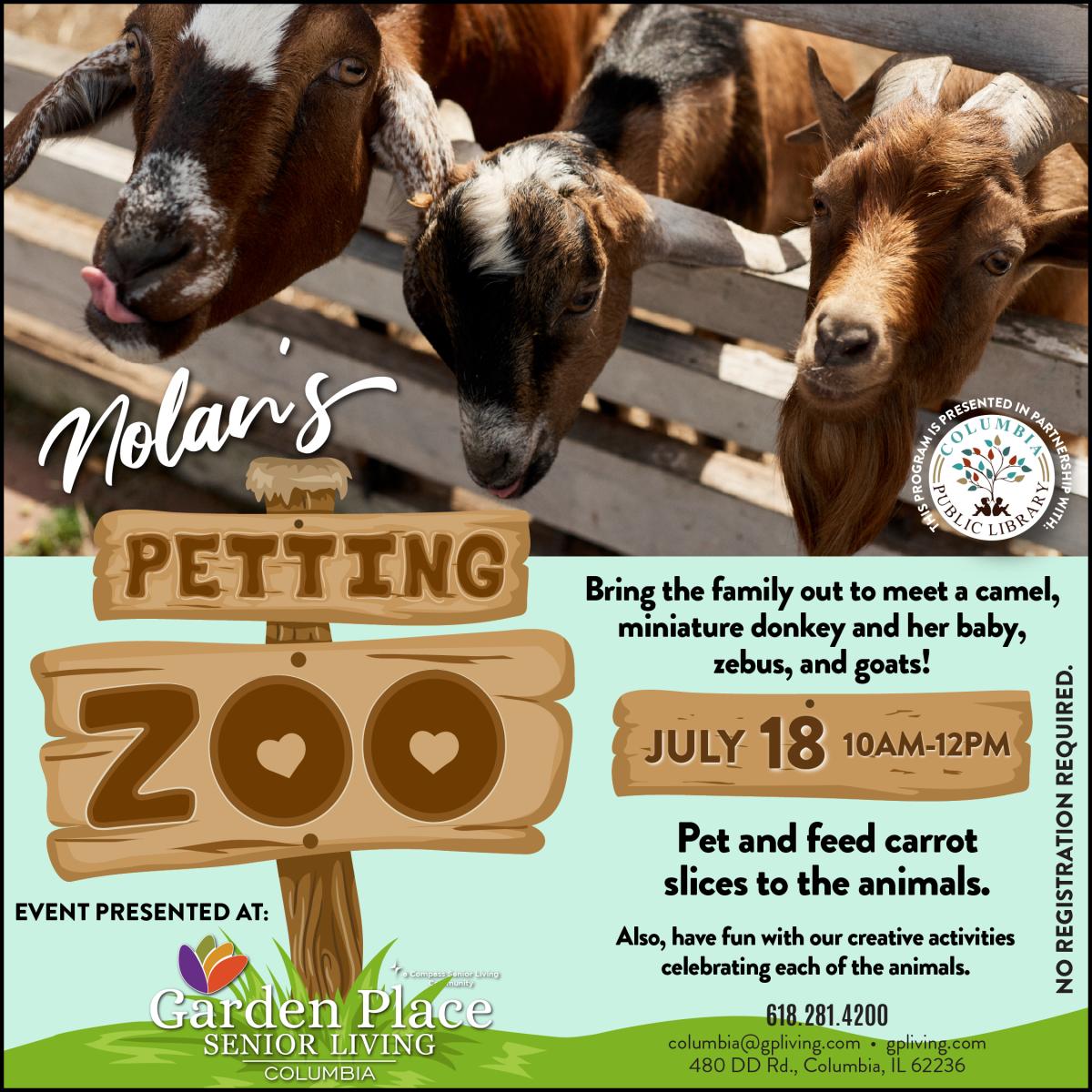 Nolan's Petting Zoo flyer featuring goats and event info. 