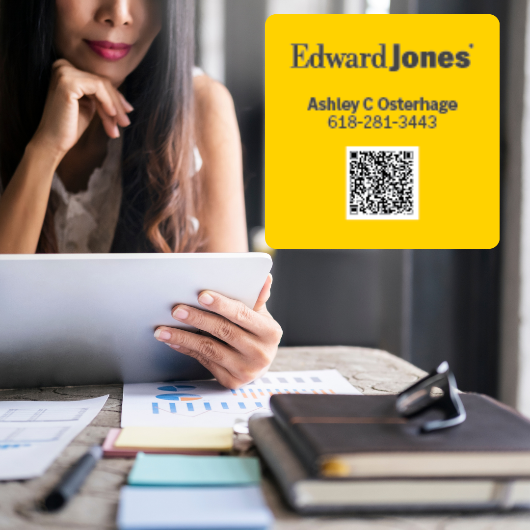 Woman on computer and Edward Jones logo with QR code. 