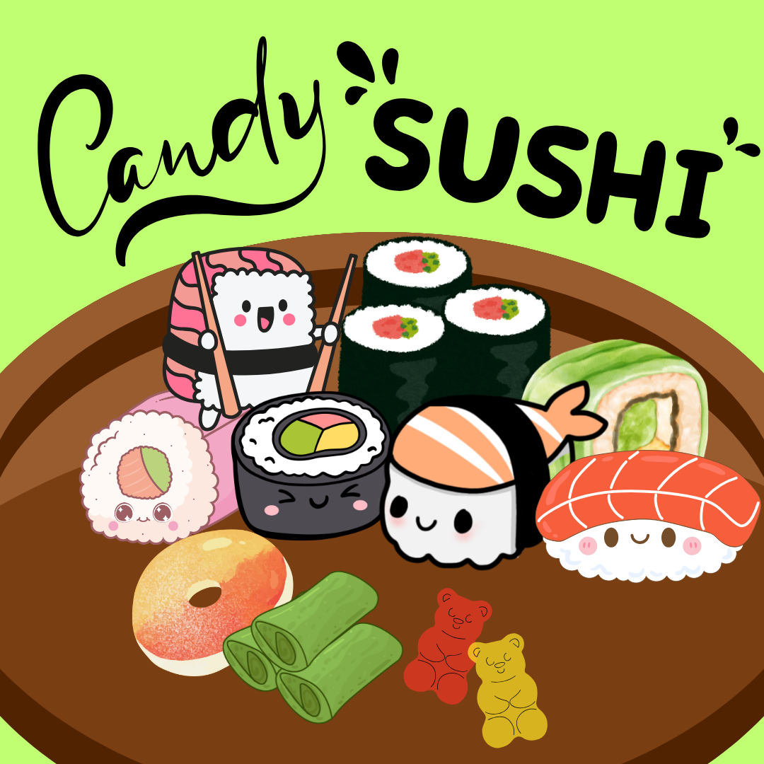 Illustrations of sushi on a platter. 
